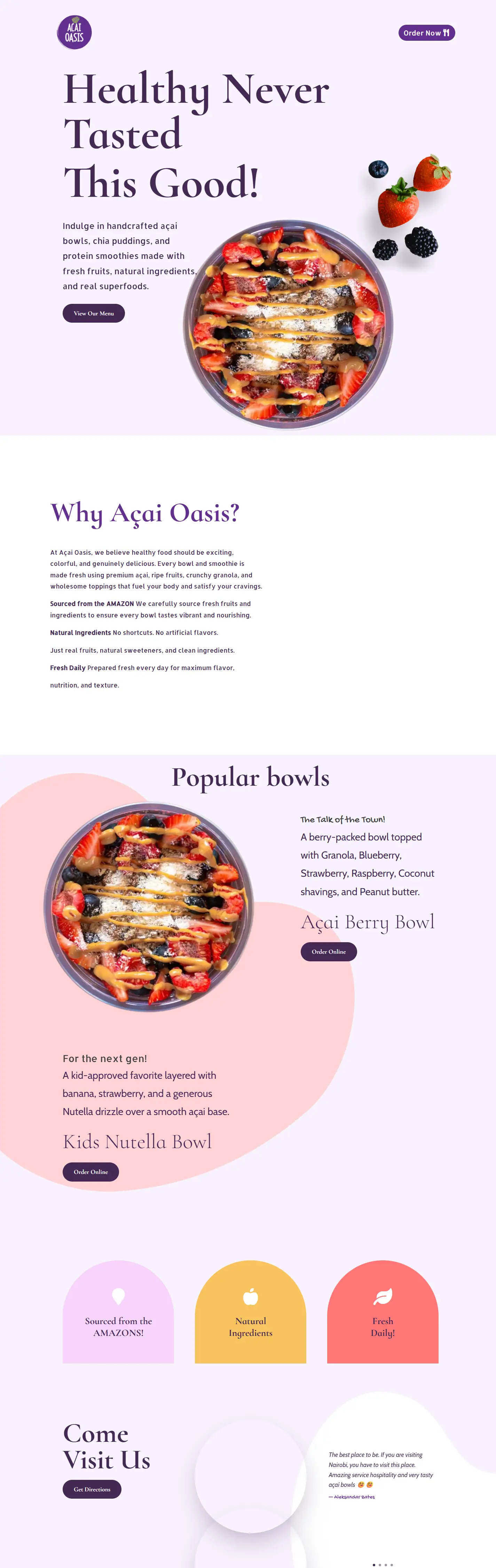 Acai Oasis website, full desktop view