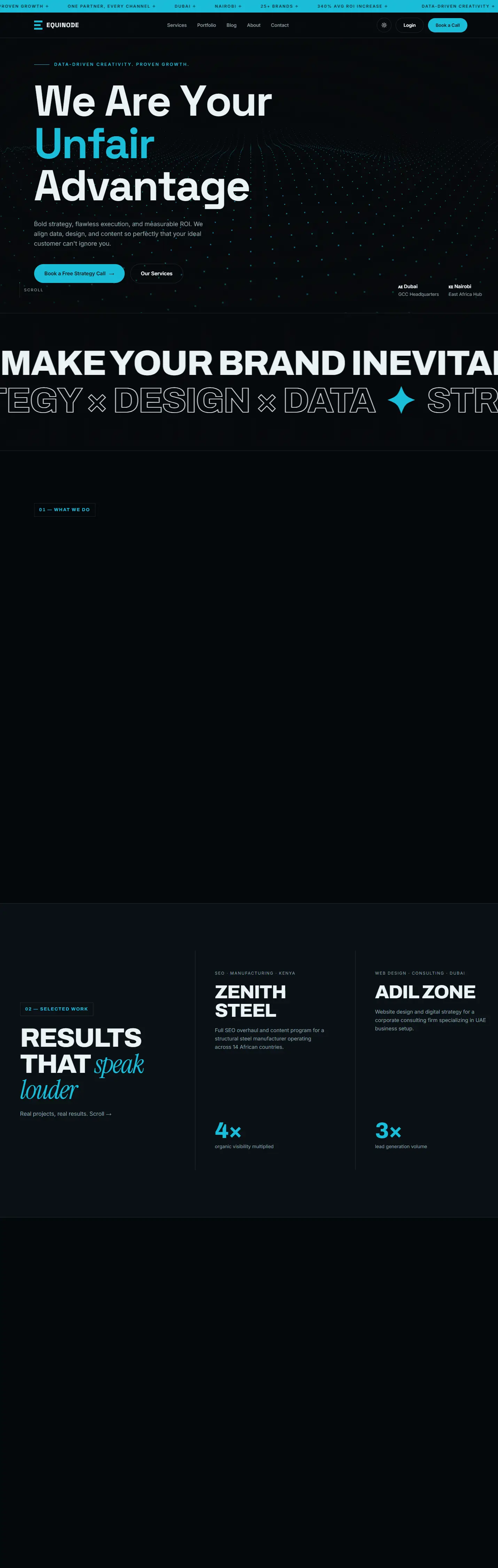 Equinode website, full desktop view