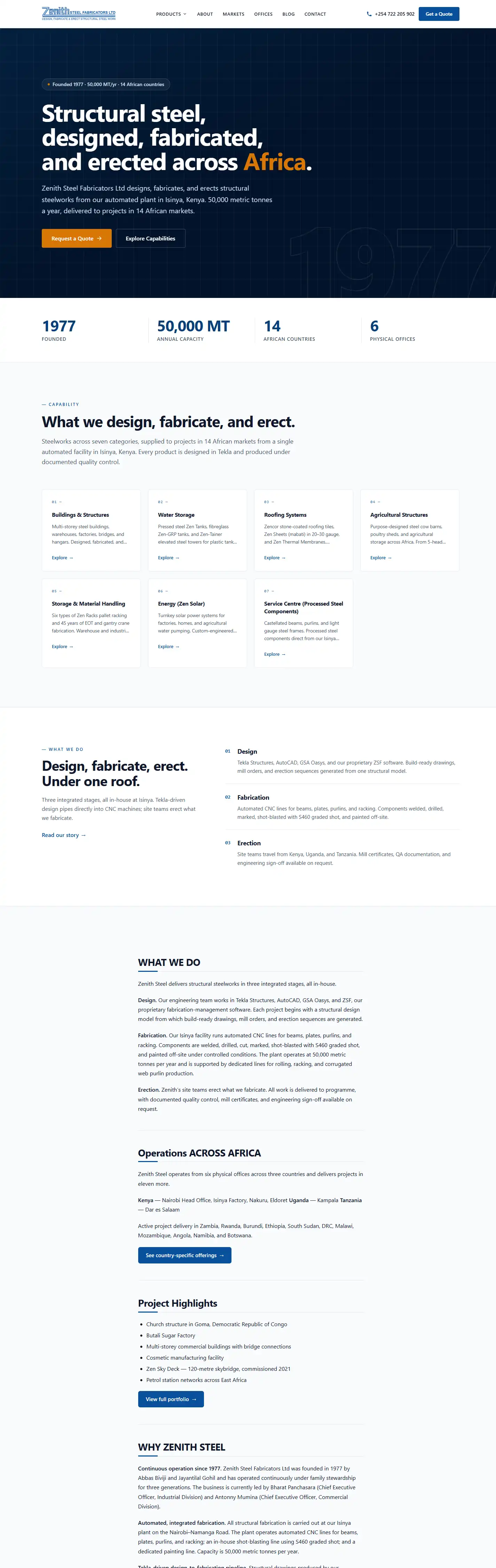 Zenith Steel website, full desktop view
